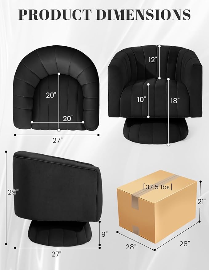 Kromax Swivel Accent Chair with Armrest Mid Century 360 Degree Swivel Barrel Chair Overstuffed Tufted Velvet Ideal for Living Room Bedroom Reading Room Black