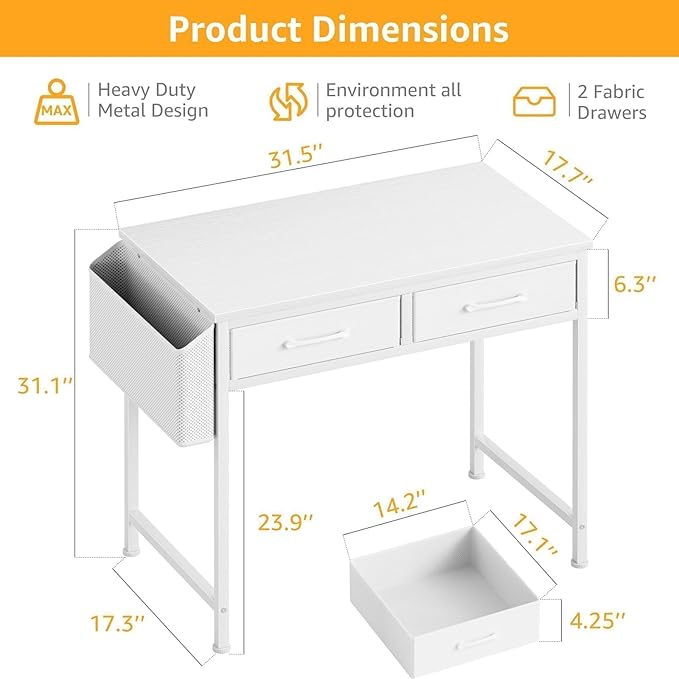 DLisiting White Desk with Storage Drawers - 39 Inch Small Computer Desk with Drawers for Bedroom Home Office Study Writing Vanity Table Without Mirror for Girls Small Spaces
