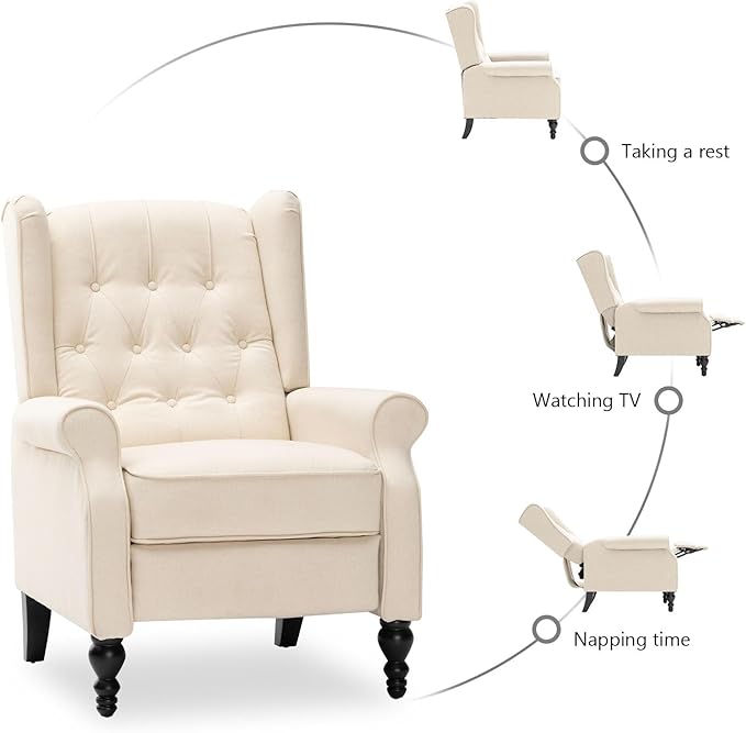 Recliner Wingback Chair Modern Linen Fabric Push Back Recliner Chairs Linen Fabric Single Sofa Lounge Chair Manual Recliner Chai for Adults Living Room Bedroom (Beige)