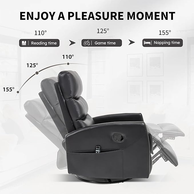 Massage Chair Recliner with Heat Swivel Rocking Chair Recliner with High Back Manual Lazy Boy Recliners for AdultsSmall Recliner Chair for Small Spaces Living Room Bedroom Fabric (Black)
