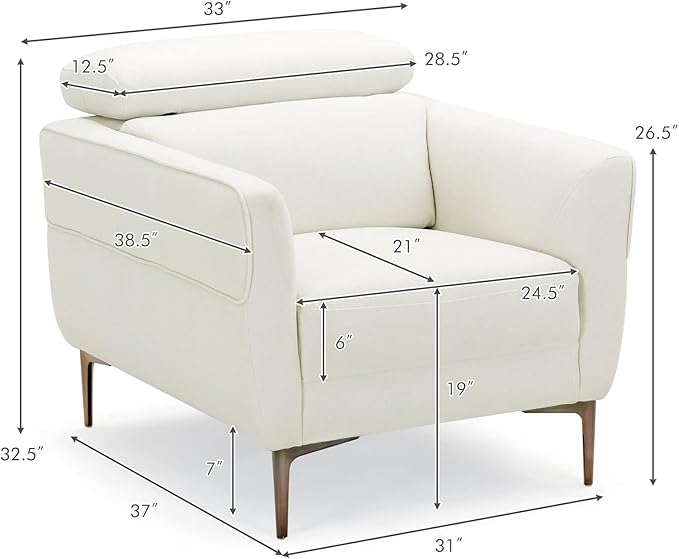 Giantex Accent Chair Upholstered Single Sofa Chair with Adjustable Headrest Stable Metal Legs Armchair for Living Room Bedroom Office Reception Room White