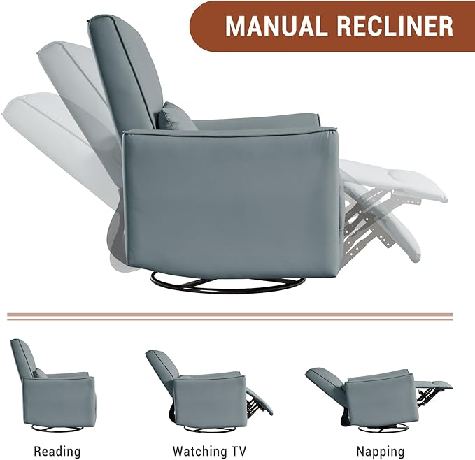 GAOMON Swivel Rocking Recliner Chair Manual Leather Recliner Glider with Lumbar Support &amp Padded Armrest Comfortable Rocker Nursery Single Sofa for Living Room and Bedroom (Gray)