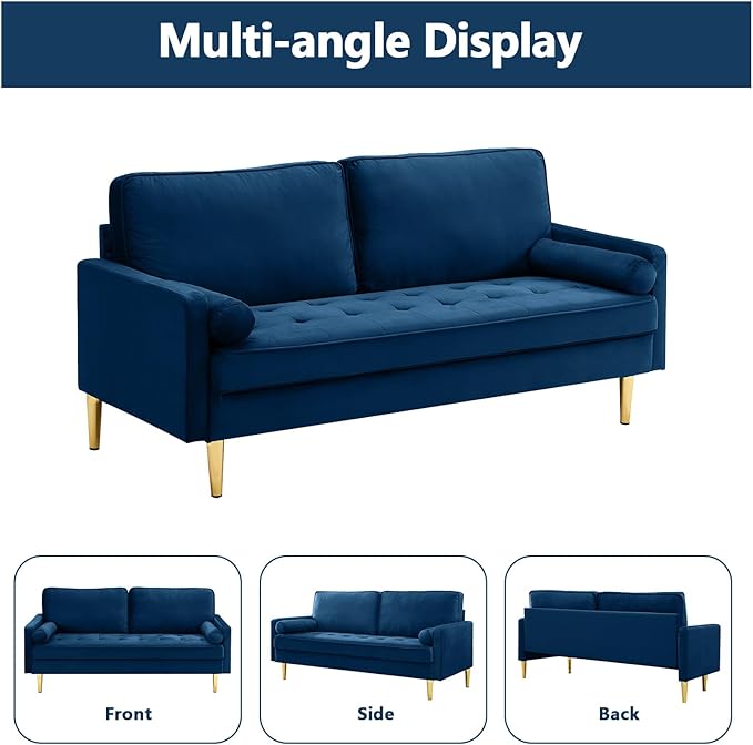 65 Love Seat Sofa Velvet Small Sofa Small Couch for Bedroom Living Room Bedroom Loveseat with 2 Pillows Gold Legs Modern Tufted Seat Upholstered Seating for Office Apartment (Blue)