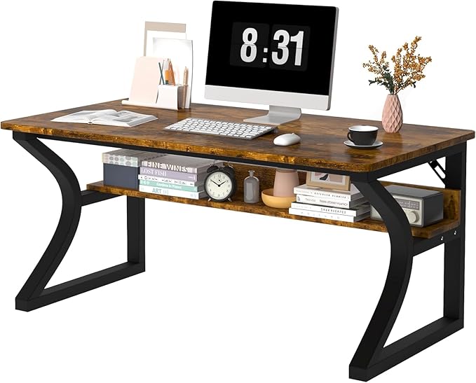 AZN Computer Desk 55inch Office Desk for Home Office Study Desk with Storage Shelf and Cable Management C-Shaped Sturdy Writing Table for Small Spaces Gaming PC Desk Brown