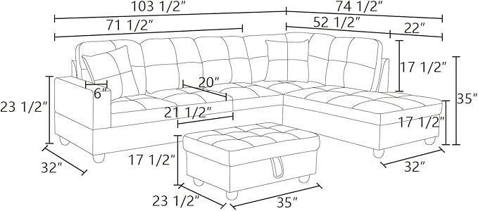 Sectional Couch for Living Room Furniture SetsBrown Leather Sectional Sofa L Shape Couch with Chaise and Storage Ottoman for Living Room/Apartment/Office（Facing Right Chaise）
