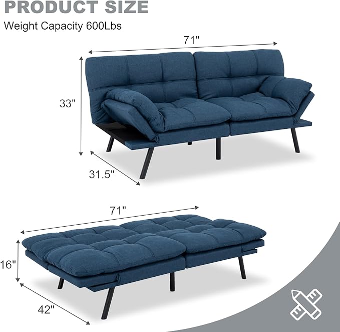 MUUEGM Futon Sofa Bed Convertible CouchMemory Foam Futon Sofa CouchSleeper Futons Sofa CouchesSmall Splitback Modern Loveseat Sofa Bed for Living RoomOfficeApartmentLinen FabricBlue.