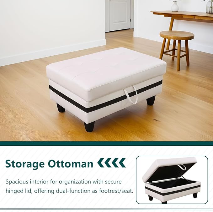 Leather Storage Ottoman Bench 34-inch Rectangular Bench for Living Room Furniture Sets Safety Hinged Lid &amp Button-Tufted Ottoman with Legs for Living Room/Bedroom/Entryway (White&ampBlack#1)