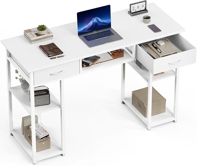 OLIXIS Computer Desk with 3 Drawers Study Writing Table with Storage Bag Headphone Hook Adjustable Feet for Home Office Small Spaces