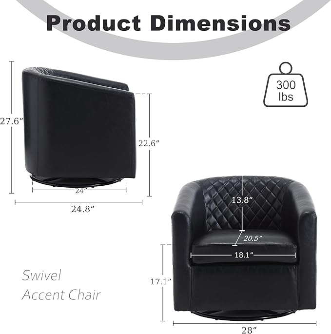 Swivel Gilder Modern Round Armchair 360 Swivel Leather Barrel Club Chair for Living Room Bedroom Office (Black)