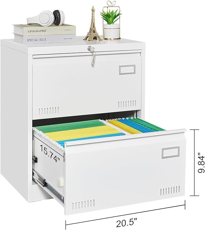 2 Drawer Metal Lateral File Cabinet with Lock Office Vertical File Cabinet for Home Office Legal/Letter/A4 Size Locking Metal File Cabinet Assembly Required Storage Drawers (White)