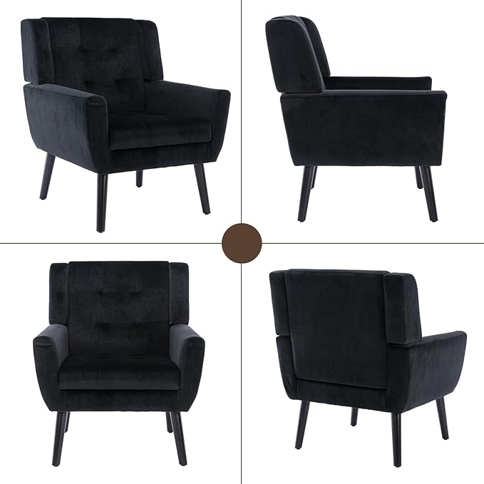 Modern Accent Chair Velvet Upholstered Armchair with Thick Padding Fluffy Comfy Reading Chair Cozy Living Room Chair with Black Wood Legs Single Sofa Chair for Home Office Bedroom Black