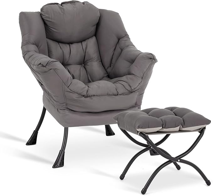 LITA Lazy Chair with Ottoman Modern Accent Leisure Upholstered Lazy Sofa Armchair Contemporary Lounge Reading Chair with Armrests and a Side Pocket for Living Room Bedroom &amp Small Space Dark G