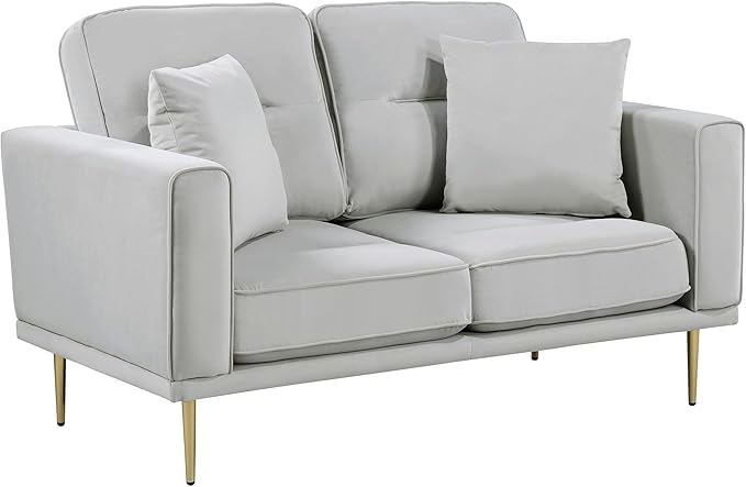 Lexicon Velvet Sofa Love Seat Modern Couches Metal Seat Base Metal Legs with Gold-Tone Finish 58 inch Loveseat Sofa with 2 Throw Pillows 2 Seater Couches for Living Room Bedroom Apartment Grey
