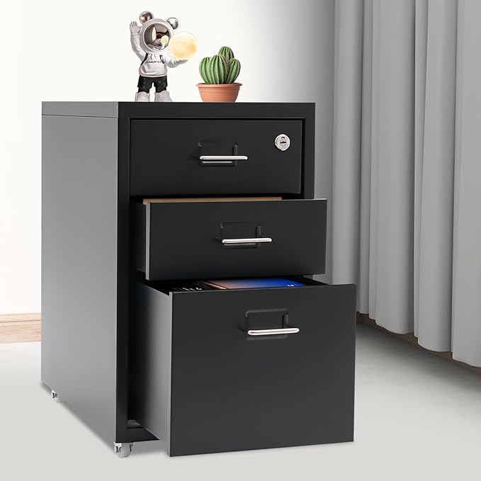 Metal Mobile File Cabinet Rolling Steel Vertical File Cabinet Filing Storage Organizer with Lock and Wheel for Home Office Legal/Letter Size 3-Drawer Black