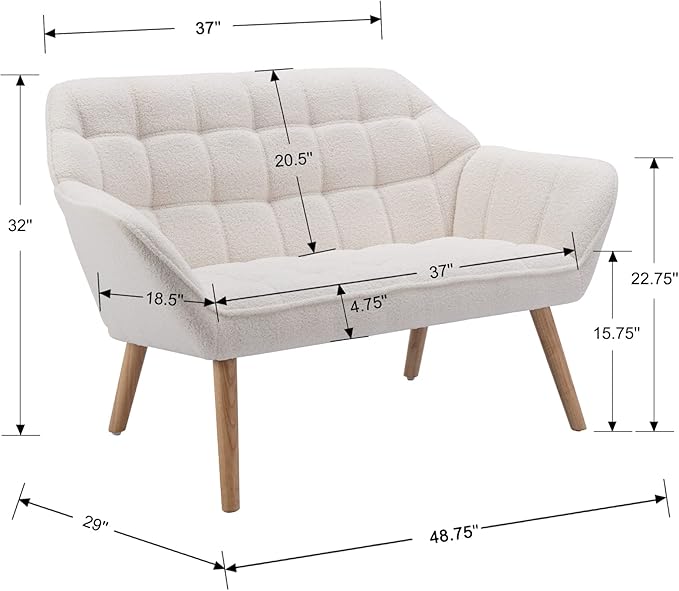48 Small Loveseat for Small Spaces Upholstered Fluffy White Loveseat Sofa Mid Century Modern 2-Seater Couch with Armrest and Wood Legs for Bedroom Living Room Apartment White