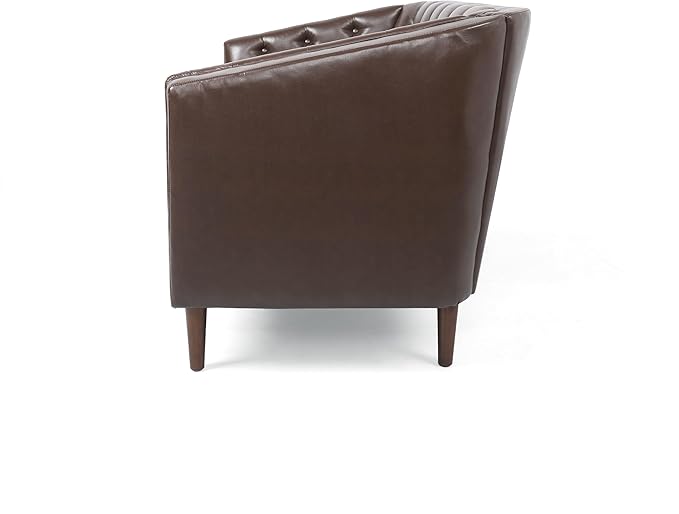 Dark Brown Loveseat Sofa PU Leather Tub Chair with Button-Tufted Stitch Contemporary Two-Seater Couch with Birch Wood Legs for Living Room