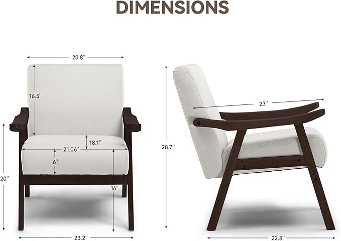 COMHOMA Accent Chair Mid Century Modern Chair with Solid Wood Armrest Comfy Upholstered Reading Armchair for Living Room Bedroom Balcony (Brown Curved Armrests Beige)