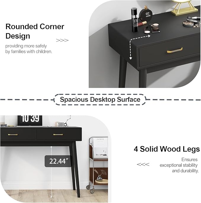Black Small Writing Desk with Drawers 40 Inch Writing Desk for Home Office Vanity Desk with Solid Wood Leg for Small Spaces
