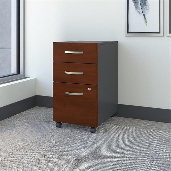 Scranton &amp Co Mobile Pedestal Filing Cabinet Hansen Cherry Finish 3 Drawer Engineered Wood with Laminate Locking Bottom Drawers Smooth Ball Bearing Slides Compact Office Storage Solution