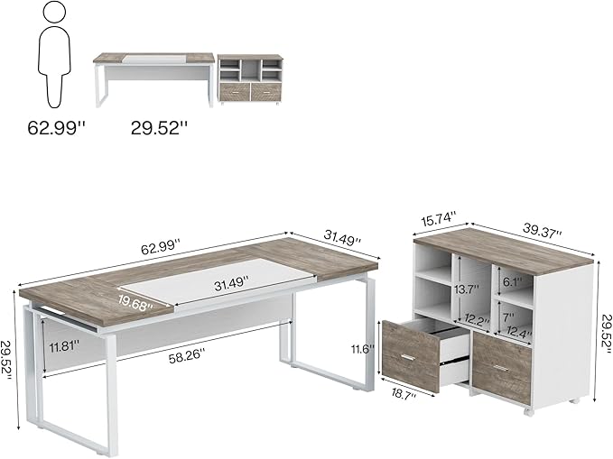 Tribesigns L-Shaped Executive Desk with Reversible File Cabinet 63 Office Desk with Storage Drawers L-Shaped Computer Desk with Drawer Cabinet for Hanging Letter Size FilesGray &amp White