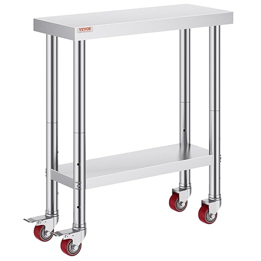VEVOR Stainless Steel Work Table 30 x 12 x 34 Inch 700 LBS Load Capacity with 4 Wheels 3 Adjustable Height Levels Heavy Duty Food Prep Worktable for Commercial Kitchen Restaurant Silver
