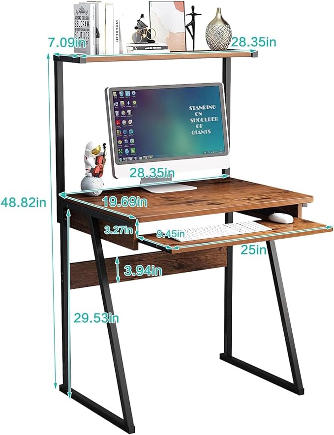 2-Tier Computer Desk with Keyboard Tray28 Inch Ladder Desk Home Office Writing Desk with Storage Hutch for Small Space Modern Writting Table (Brown)