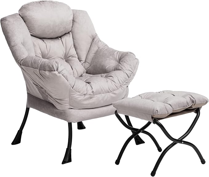 HollyHOME Lazy Chair with Foldable Ottoman Accent Comfy Lounge Armchair and Folding Footrest Stool Leisure Sofa Reading Chair and Footstool for Living Room Bedroom DormTextured Grey