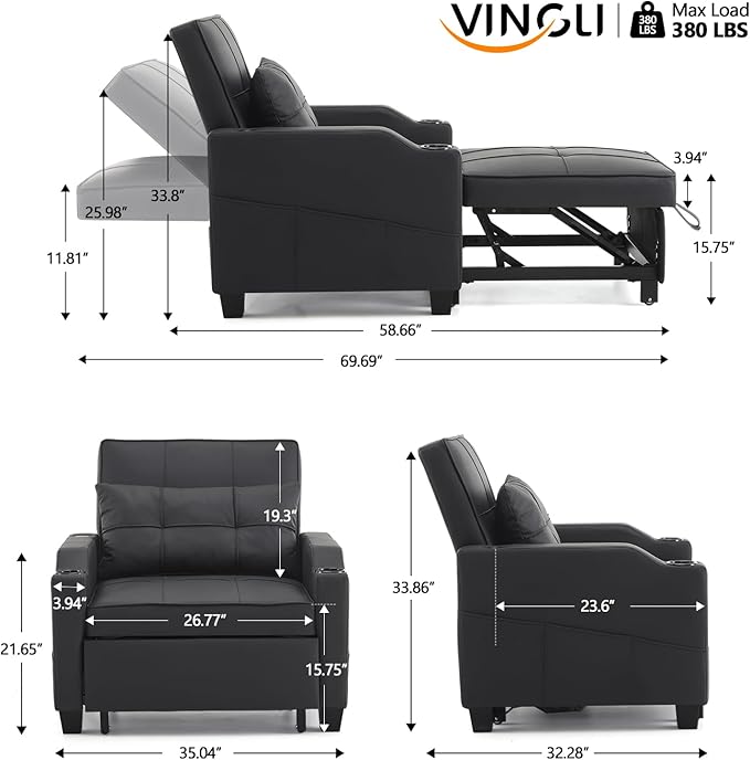 VINGLI Black Sleeper Chair Bed 3-in-1 Convertible Futon Sofa Bed Pull Out Couch Bed Adjustable Recliner Chair with USB Ports Cup Holders Side Pockets for Living Room Bedroom Small Spaces