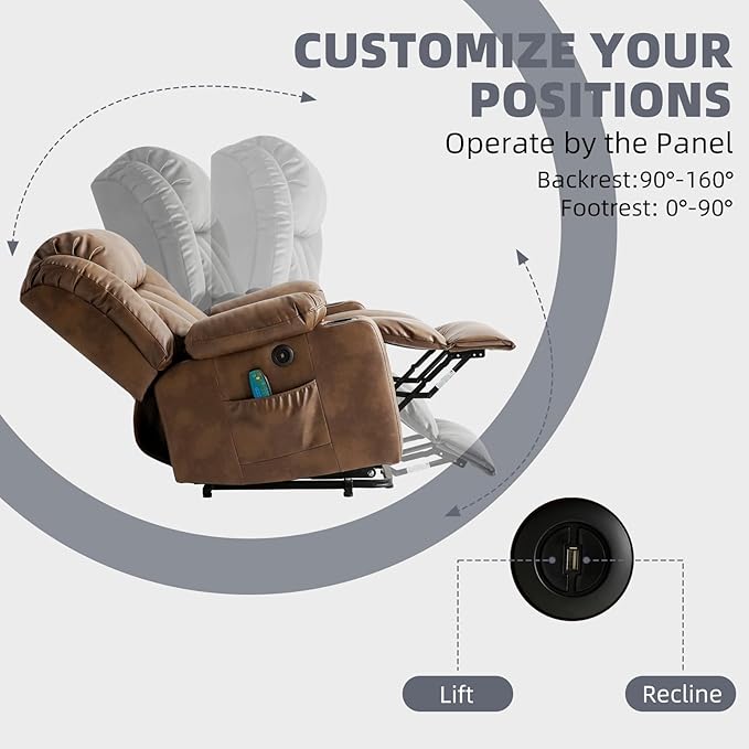 Power Lift Recliner Chair for Elderly Electric Recliner Chairs for Adults with Massage and Heat Cup Holders Remote Control USB Ports Side Pockets Leather (Ochre)