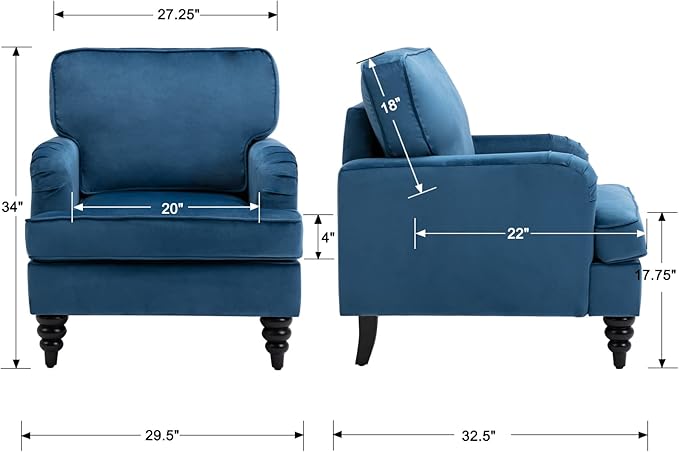 Modern Accent Chair Set of 2 Velvet Armchairs Comfy Reading Chair Single Sofa Couch for Bedroom/Living Room Blue