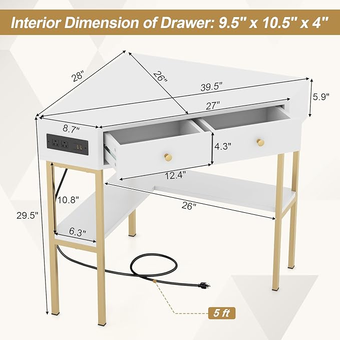 Giantex Corner Desk with Charging Station 90 Degree Triangle Computer Desk with 2 Drawers &amp Storage Shelf L-Shaped Writing Desk Makeup Vanity Table Compact Corner Desk for Small Spaces (White)
