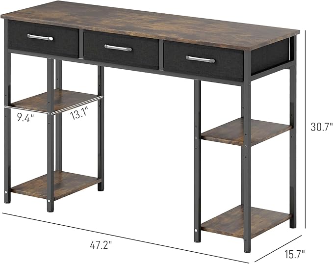 HOMCOM 47 Computer Desk with 3 Fabric Drawers Home Office Desk with Adjustable Shelves Small Writing Desk with Storage Rustic Brown
