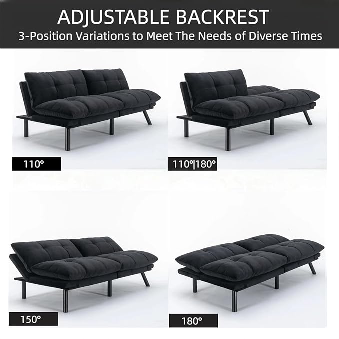 71-inch Microfiber Upholstered Futon Sofa Bed - 2 Seats Adjustable Arms/Back Iron Legs | Convertible to Sleeper for Main Living Spaces Bedrooms Offices (Black+2Seat)