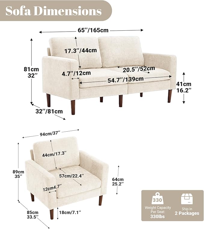 Kingfun 65 Loveseat Sofa with Chair Chenille Love Seat Couch Mid Century Modern Couch with Solid Wooden Frame for Living Room &amp Bedroom in Small Spaces Beige