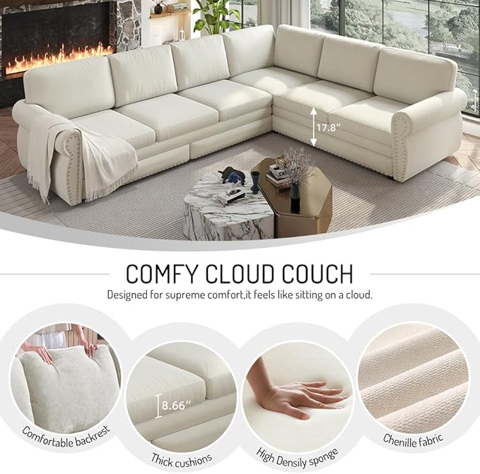 118'' Sleeper Sofa Bed with Pull Out Couch Bed Chenille L Shaped Sectional Sofa with Nailhead Trim &amp Rolled Arm 6 Seater Corner Sectional Couches for Living Room Furniture Beige