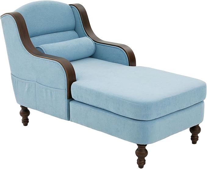 Upholstered Oversized Chaise Lounge Chair Solid Wood Frame Comfy Arm Chair with Thick Double-Layer Cushion Curved Armrests Modern Overstuffed Sleeper Recliner for Bedroom Living Room (Light Blue)