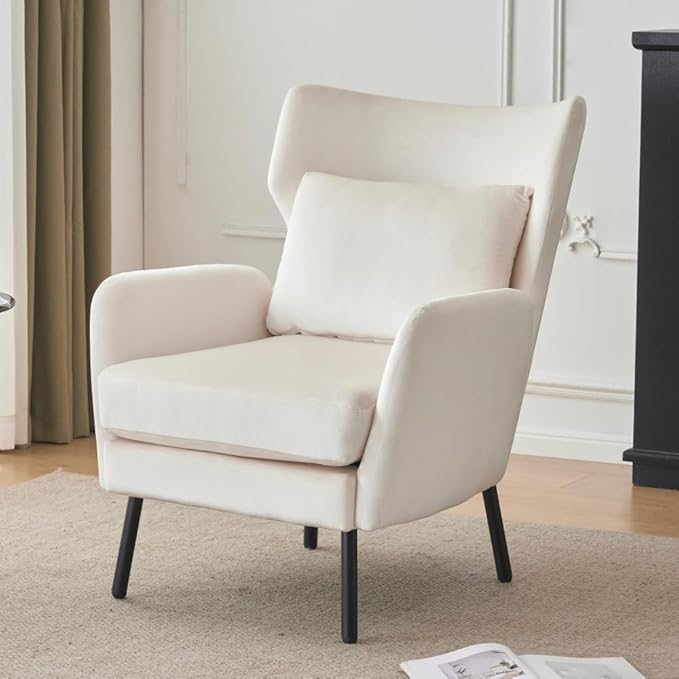 Chair ReclinerWingback Velvet Accent Chair Modern Upholstered Armchair for Living Room Bedroom and Reception Area Comfortable Single Sofa Chair with Metal Legs and Pillow (Beige+Velvet)