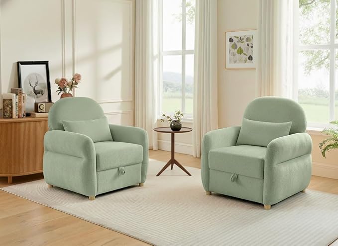 Accent Chairs Set of 2 Living Room Chairs in Chenille Fabric Modern Reading Chair with Storage Function for Living Room Apartment and Compact Spaces (Green)