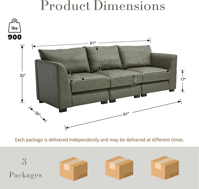 HEAH-YO 91 Inch Modular Sectional Sofa 3-Seater Sectional Couch with High Density Foam Comfy Cloud Couch for Living Room PU Green