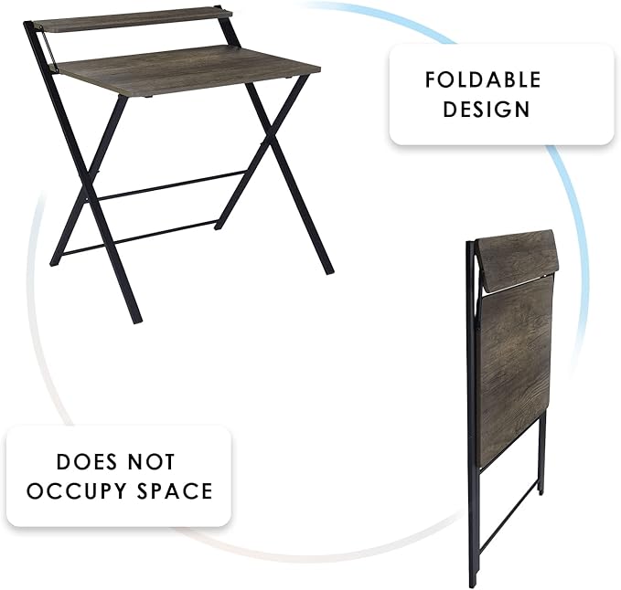 FurnitureR 32'' Folding Desk No Assembly Required Desk 2 Tier Computer Desk for Study Home Office Portable Foldable Laptop Table with Metal Frames/Wood Top Rustic Brown