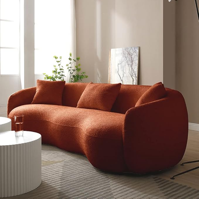 WILLIAMSPACE 93.6 Curved Sofa Modern Upholstered Boucle Curved Couch with 3 Throw Pillows 3-Seat Sofa Couch for Living Room Apartment (Orange)