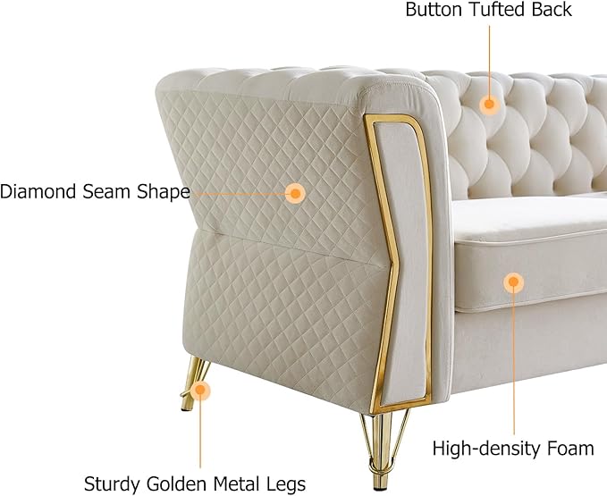Modern Velvet Sofa Couch for Living Room 87.4 Inch Long Tufted Unique Upholstered Couch Oversized Sofa Decor Furniture with Golden Metal Legs (Beige)