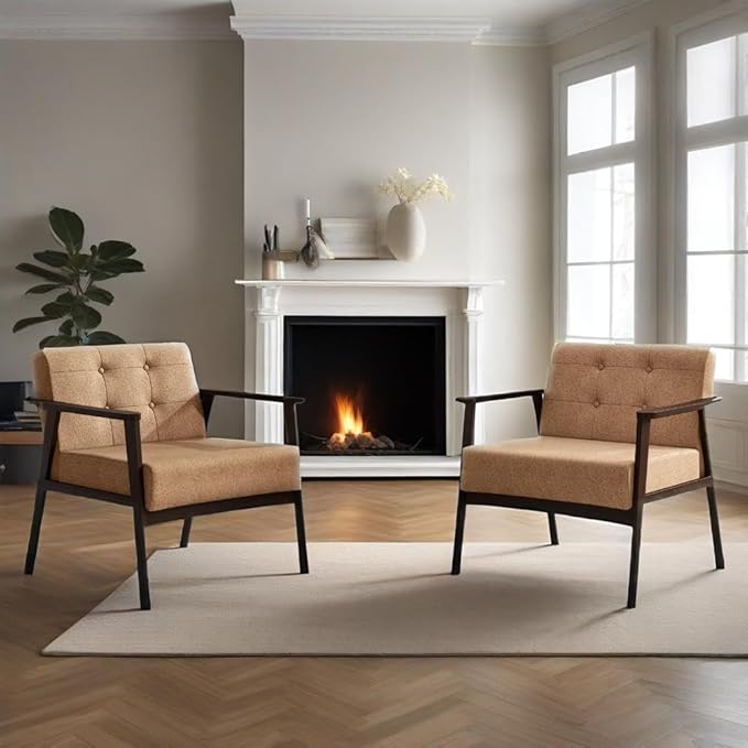 GORELAX Fabric Accent Chair Upholstered Side Lounge Armchair with Wood Frame &amp Tufted Design Mid Century Modern Chair Comfy Reading Chair for Living Room Bedroom Office (2 Beige)