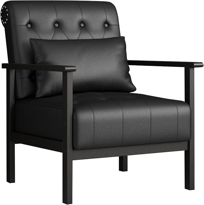 AODAILIHB Black Accent Chair Mid Century Modern Living Room Chairs Armchairs Waiting Room Chairs Small Accent Chair Comfy Leather Side Chair for Living Room Office with Pillow (1 Black)