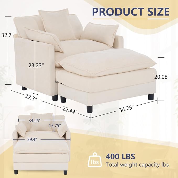 cinkehome Oversized Accent Chair with Ottoman Comfy Upholstered Armchair with Deep Seat Overstuffed Lounge Chair for Living Room Reading Nook (Beige Chenille)