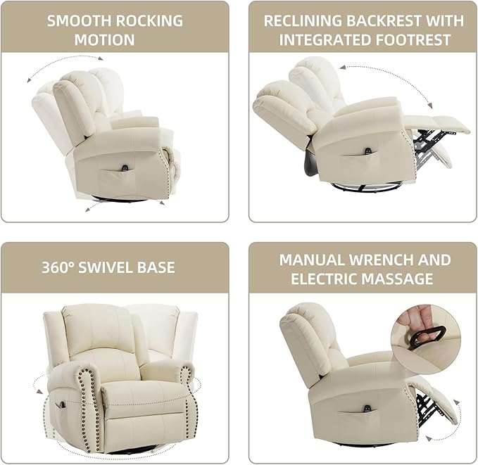 PELUMY Breathable Leather Swivel Rocking Recliner Chair for Adults 360° Swivel Glider Rocker with Heat &amp Vibrating Massage Lounge Chair for Living Room Bedroom Nursery (Creamy Beige)
