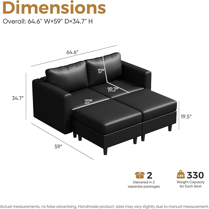 ABCASA Faux Leather Loveseat Sofa Sleeper Bed with Storage Seat 64.6 Modular Sectional Couch Deep Seat with Reversible Chaise 2-Seat Black