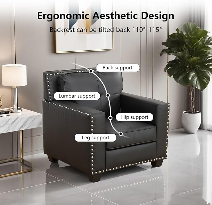 Modern 3-Seater Sofa with Softy Backrest Cooper Nail Comfortable Large couches for Living Room with Overstuffed Cushion Modern Leather Couch Set for Bedroom Apartment(Black-Faux LeatherSofa)