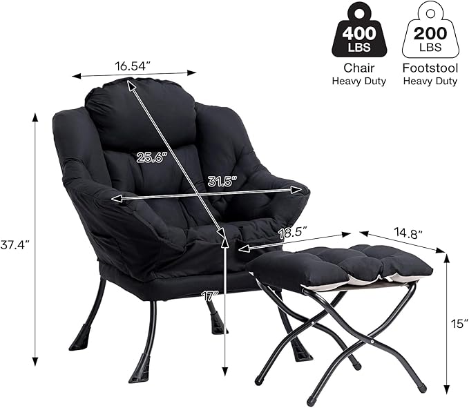 HollyHOME Lazy Chair with Foldable Ottoman Accent Comfy Lounge Armchair and Folding Footrest Stool Leisure Sofa Reading Chair and Footstool for Living Room Bedroom DormBlack