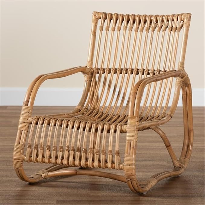 Pemberly Row Contemporary Natural Rattan Accent Chair 24 W x 29.75 D x 29 H Handcrafted Openwork Frame with Rounded Armrest Bohemian Style for Living Room or Lounge Use